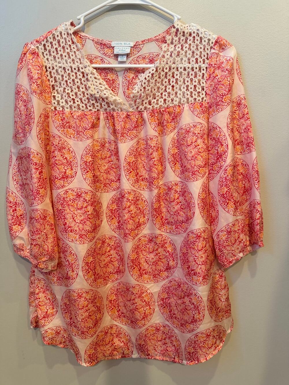 Calypso St. Barth for Target 100% Silk Blouse Crochet Lace Boho Top Size Small